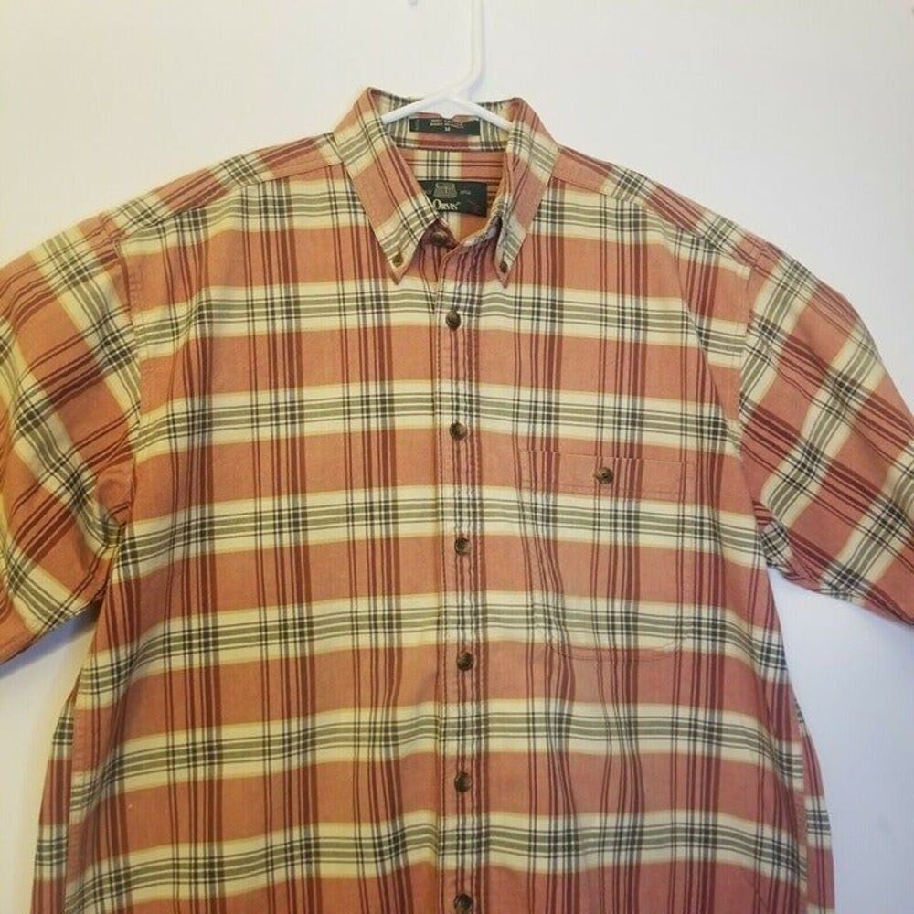 Orvis Mens MEDIUM Orange Tan Brown Plaid Button Down Short Sleeve Shirt